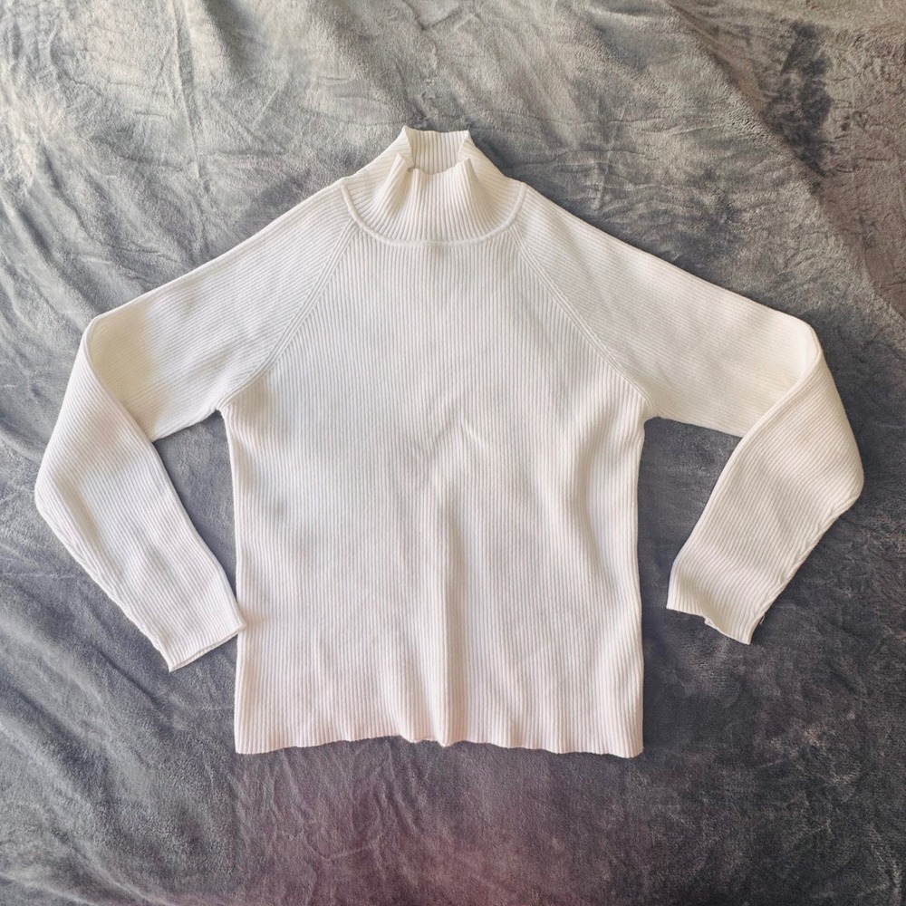 Laura Ashley White Ribbed Cotton Mock Neck Sweater Raglan Sleeve Medium